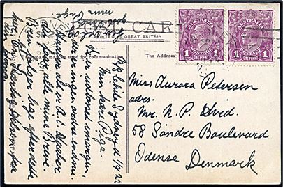 1d George V i parstykke på brevkort (Queen's Square, Sydney med sporvogne) fra sømand ombord på M/S Chile i Sydney d. 2.9.1922 til Odense, Danmark.
