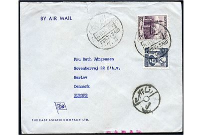 65 mills blandingsfrankeret brev fra ØK-skibet M/S Falstria i Port Said d. 24.11.1957 til Herlev, Danmark. Røde ombæringskontrolstreger.