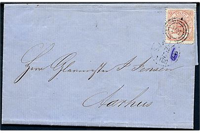 4 sk. Krone/Scepter på brev fra Kjøbenhavn annulleret med kombineret nr.stempel 181/Sjæll. P.B. d. 10.12.1865 til Aarhus.