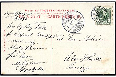 5 øre Chr. IX på brevkort (Klostergade, Maribo) annulleret med stjernestempel RYDE og sidestemplet bureau Nykjøbing - Nakskov T.7 d. 11.9.1906 til Åbo Hook, Sverige.