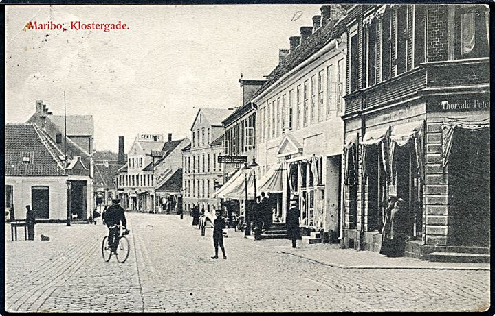 5 øre Chr. IX på brevkort (Klostergade, Maribo) annulleret med stjernestempel RYDE og sidestemplet bureau Nykjøbing - Nakskov T.7 d. 11.9.1906 til Åbo Hook, Sverige.
