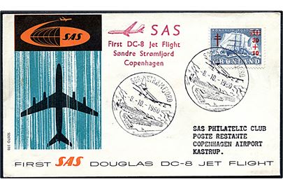 30+10/50 øre Tuberkulosefond på SAS 1.-flyvningskuvert stemplet Sdr. Strømfjord d. 8.10.1960 til Kastrup, Danmark.