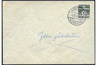 1 øre Bølgelinie på kuvert påskrevet Yttes Jubilæum annulleret med brotype IId København P. og T. Værkstederne d. 1.11.1955. På bagsiden lukkemærkat Værkstederne.