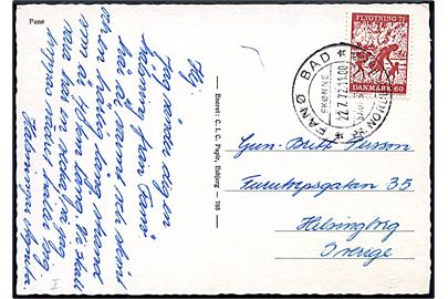 60 øre Flygtning 71 udg. på brevkort annulleret med turist pr.-stempel Fanø Bad pr. Nordby Fanø d. 22.7.1972 til Helsingborg, Sverige. Brugsanvendelse ca. 3 år senere end registreret i Skilling.