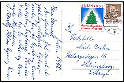 20 øre Fr. IX og Danske Baptisters Kongo Mission Julemærke 1958 på julekort fra Gudhjem d. 20.12.1958 til Helsingborg, Sverige.