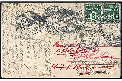 5 øre Bølgelinie i parstykke på brevkort fra Kjøbenhavn d. 30.3.1914 til sømand ombord på S/S Nordfarer i Kidderpore, Calcutta, Indien - eftersendt med flere stempler. Postkortet løst.