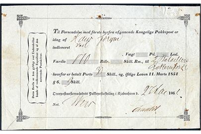1861. Fortrykt postkvittering fra Overpostmesterembedets Pakkepostafdeling i Kjøbenhavn d. 27.5.1961 for pengebrev med 110 Rdlr. til 2. Bataillion i Eckernförde. Folder.