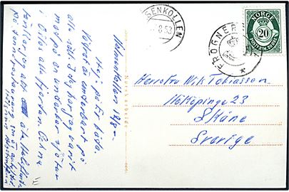 20 øre Posthorn på brevkort (Oslo, Frogneseteren Hovedrestaurant) annulleret med kronet/posthornstempel Frognersætra og sidestemplet ....senkollen d. 17.8.1953 til Sverige.