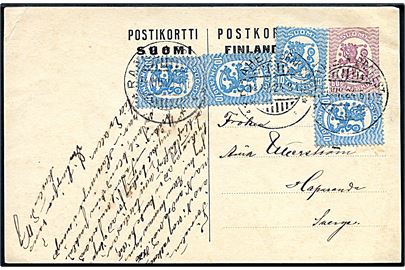 60 pen helsagsbrevkort opfrankeret med 10 pen Løve (4) annulleret med 2-sproget stempel Raahe / Brahested d. 14.8.1924 til Haparanda, Sverige.
