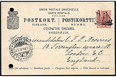 10 pen. helsagsbrevkort annulleret med skibspost figurstempel og sidestemplet Helsingfors d. 16.8.1899 til London, England. 2 arkivhuller.