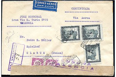 3,50 pts. blandingsfrankeret anbefalet luftpostbrev fra Valencia d. 14.6.1937 via Le Bourget lufthavn (Frankrig) til Glarus, Schweiz. Åbnet af lokal spansk censur i Valencia.