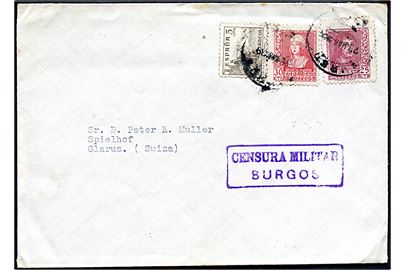 60 cts. blandingsfrankeret brev fra Forsvarsministeriet i Burgos d. 23.3.1939 til Glarus, Schweiz. Lokal spansk censur fra Burgos.