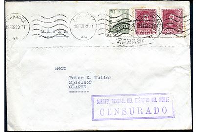 10 cts. og 25 cst. (par) på brev fra Zaragoza d. 19.2.1939 til Glarus, Schweiz. Censurstempel fra Zaragoza og Cuartel General del Ejercito del Norte (Hovedkvarter for den nordlige hær).