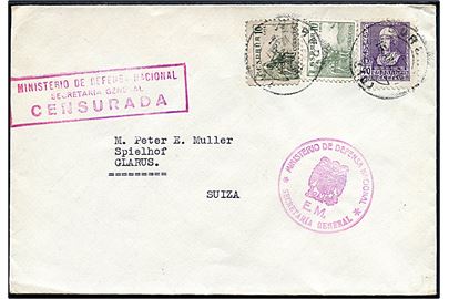 10 cts. Rytter (2) og 40 cts. Isabel på brev fra Burgos d. 16.4.1939 til Glarus, Schweiz. Tjenestestempel og censurstempel fra Forsvarsministeriet.