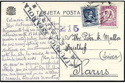 25 cts. og 50 cts. på brevkort fra Valencia d. 28.12.1938 til Glarus, Schweiz. Spansk censur fra Valencia.