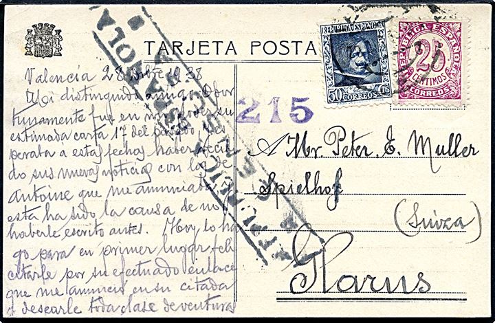 25 cts. og 50 cts. på brevkort fra Valencia d. 28.12.1938 til Glarus, Schweiz. Spansk censur fra Valencia.
