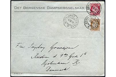 2 øre og 10 øre Posthorn på fortrykt kuvert fra Det Bergenske Dampskibsselskab annulleret Nordlands Posteksp. F. d. 16.6.1919 til København. Indeholder fortrykt brevpapir skrevet ombord på dampskibet Midnatsol.