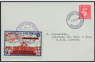 Engelsk 1d George VI og Polsk feltpostmærkat på filatelistisk brevkort stemplet Norwegian Army Field Post Office d. 4.12.1942 til de frie polske styrker i London.