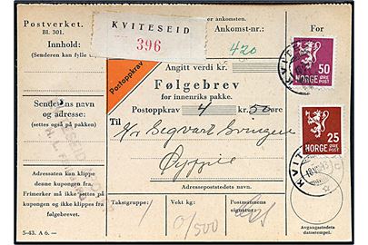25 øre og 50 øre Løve på adressekort for pakke med opkrævning fra Kviteseid d. 18.8.1943 til Øyfjell.