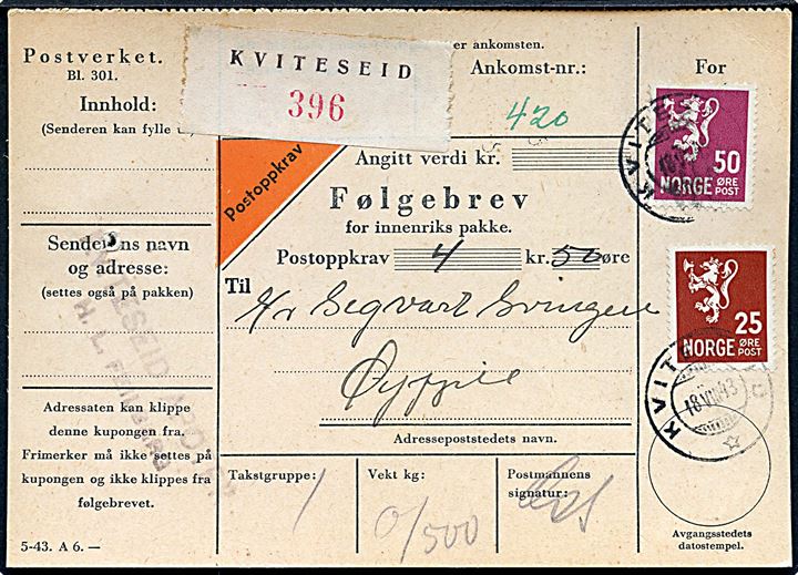 25 øre og 50 øre Løve på adressekort for pakke med opkrævning fra Kviteseid d. 18.8.1943 til Øyfjell.