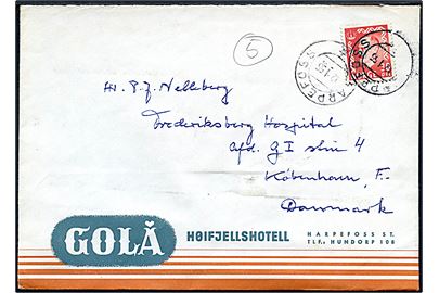 30 øre Haakon på illustreret hotelkuvert fra Gola Høifjellshotell stemplet Harpefors d. 12.1.1955 til København, Danmark.