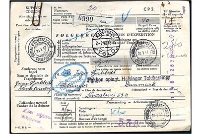 Ufrankeret internationalt adressekort for pakke Oslo d. 31.1.1948 via København Told til Helsingør, Danmark.