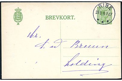 5 øre Chr. X helsagsbrevkort annulleret med brotype IIIb Ribe d. 28.9.1916 til Kolding.