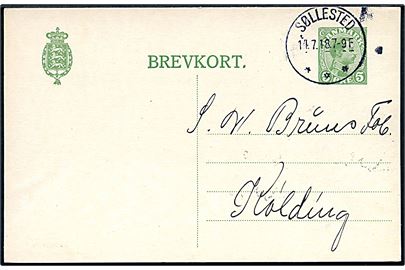 5 øre Chr. X helsagsbrevkort annulleret med brotype IIIb Søllested d. 14.7.1918 til Kolding.