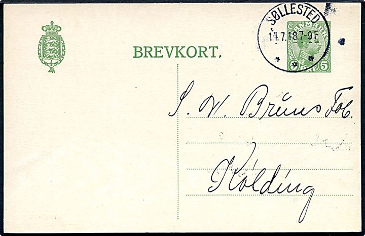5 øre Chr. X helsagsbrevkort annulleret med brotype IIIb Søllested d. 14.7.1918 til Kolding.