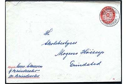 20 øre helsagskuvert (fabr. 72) annulleret med pr.-stempel Øster Brønderslev pr. Brønderslev d. 12.5.1960 til Grindsted.