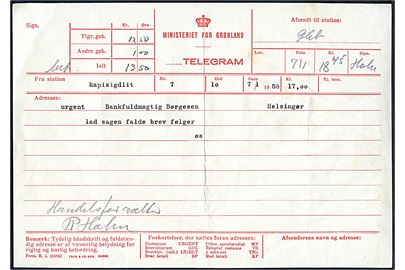 Ministeriet for Grønland telegramformular Form R. 1 (1056) med meddelelse fra Kipisigdlit d. 7.1.1958 via Godthaab til Helsingør, Danmark.