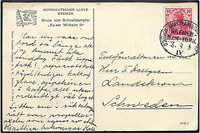 10 pfg. Germania på brevkort (Salon ombord på NDL skibet S/S Kaiser Wilhelm II) annulleret med skibsstempel Deutsch-Amerikanisch. Seepost Bremen - New York IV d. 3.8.1913 til Landskrona, Sverige.