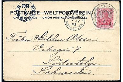 10 pfg. Germania på brevkort (Landkort med sejlrute, Needles ved Isle of Wight) skrevet ombord på S/S Weimar og annulleret med svagt tysk stempel og sidestemplet Southampton Ship Letter d. 7.7.1902 til Södertelje, Sverige.