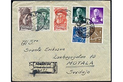 Blandingsfrankeret anbefalet brev fra S. Miguel do Rio Torto d. 26.3.1946 via Lissabon til Motala, Sverige.