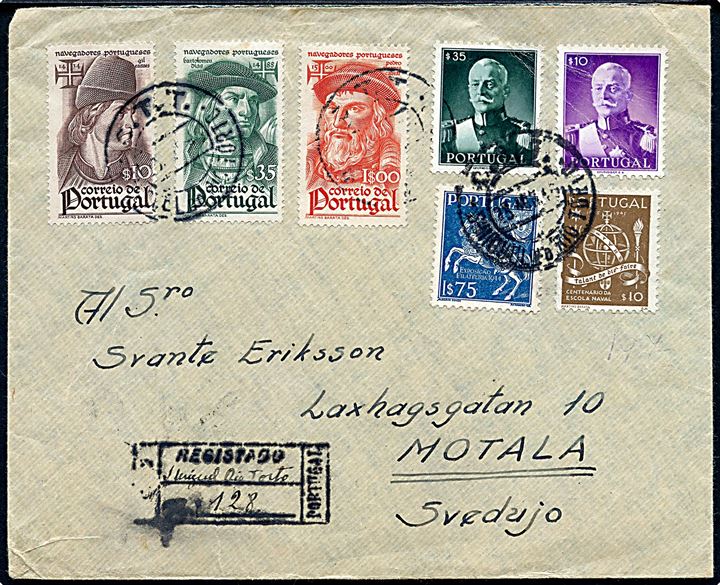 Blandingsfrankeret anbefalet brev fra S. Miguel do Rio Torto d. 26.3.1946 via Lissabon til Motala, Sverige.