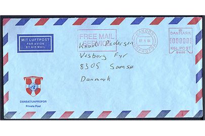 DANCON/UNPROFOR Free Mail Service frankostempel d. 7.11.1994 på fortrykt luftpostkuvert til Vesborg Fyr på Samsø. Sendt fra dansk FN-soldat ved DANBAT/UNPROFOR Feltpost 20/Kroatien.