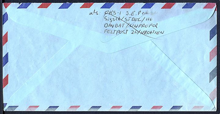 DANCON/UNPROFOR Free Mail Service frankostempel d. 7.11.1994 på fortrykt luftpostkuvert til Vesborg Fyr på Samsø. Sendt fra dansk FN-soldat ved DANBAT/UNPROFOR Feltpost 20/Kroatien.