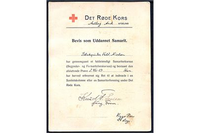 Bevis som Uddannet Samarit fra Det Røde Kors Aalborg Amts Afdeling d. 3.3.1927