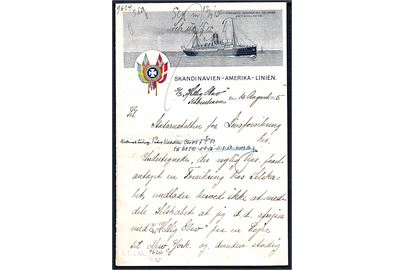 Illustreret brevpapir fra Skandinavien - Amerika Linie med dampskib dateret S/S Hellig Olav i Kjøbenhavn d. 12.8.1915.