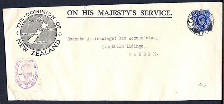 2½d George V med perfin NZ på fortrykt tjenestekuvert fra The Dominion of New Zealand stemplet London d. 25.6.1936 til Stockholm, Sverige.