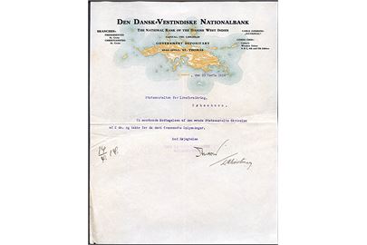 Illustreret brevpapir med kort over St. Thomas fra Den Dansk-Vestindiske Nationalbank dateret d. 25.3.1914.
