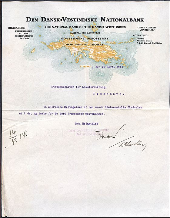 Illustreret brevpapir med kort over St. Thomas fra Den Dansk-Vestindiske Nationalbank dateret d. 25.3.1914.