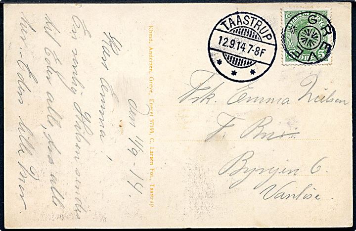 5 øre Chr. X på brevkort (Greve kirke) annulleret med stjernestempel GREVE og sidestemplet Taastrup d. 12.9.1914 til Vanløse.