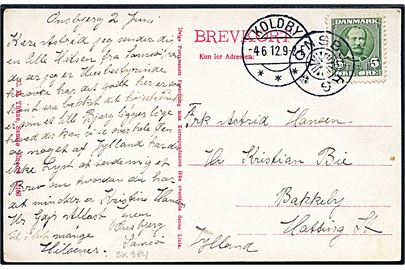 5 øre Fr. VIII på brevkort (Udsigt over Tranebjerg) annulleret med stjernestempel ONSBJERG og sidestemplet Koldby d. 4.6.1912 til Hatting.