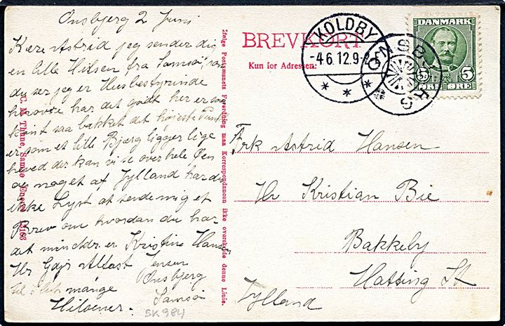 5 øre Fr. VIII på brevkort (Udsigt over Tranebjerg) annulleret med stjernestempel ONSBJERG og sidestemplet Koldby d. 4.6.1912 til Hatting.