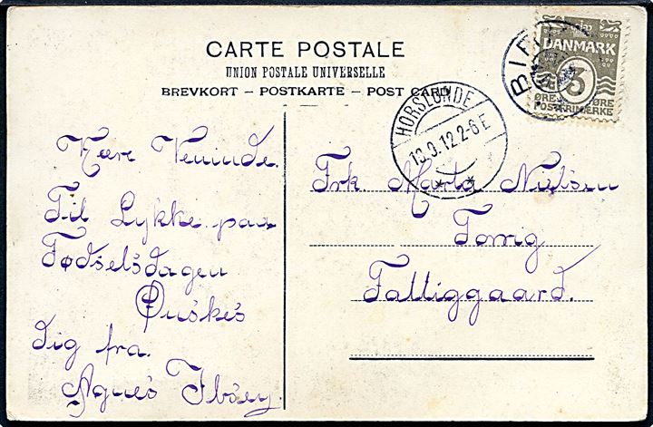 3 øre Bølgelinie på lokalt brevkort annulleret med stjernestempel BIRKET og sidestemplet Horslunde d. 19.9.1912 til Torrig Fattiggaard. Uldent aftryk af sjældent stempel som kun blev benyttet i 1912-14.