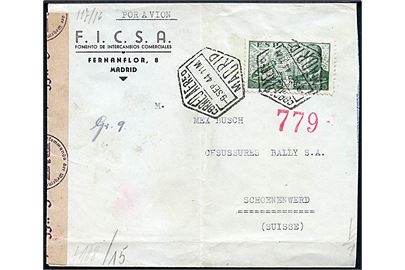 2 pts. Luftpost single på luftpostbrev fra Madrid d. 9.9.1944 til Schoenenwerd, Schweiz. Åbnet af tysk censur i Berlin. Lokal spansk censur.