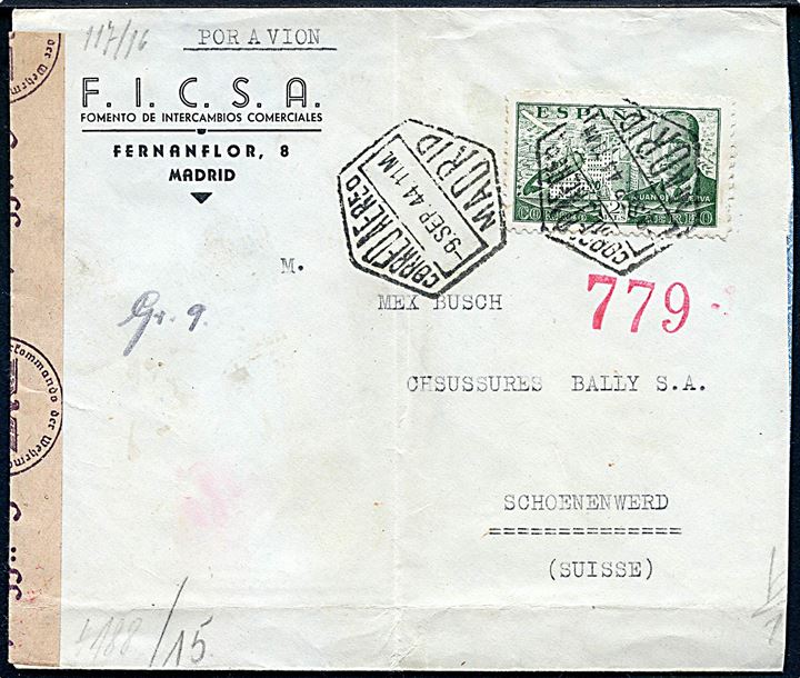 2 pts. Luftpost single på luftpostbrev fra Madrid d. 9.9.1944 til Schoenenwerd, Schweiz. Åbnet af tysk censur i Berlin. Lokal spansk censur.