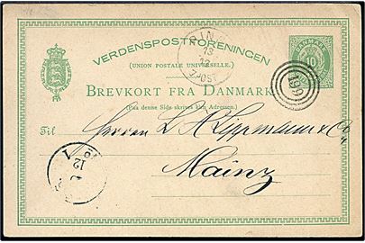 10 øre Helsagsbrevkort fra Faaborg annulleret med nr.stempel 199 og sidestemplet lapidar Ringe d. 13.12.1882 til Mainz, Tyskland.