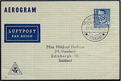 50 øre Fr. IX helsags aerogram (fabr. 3) annulleret Det danske Kommando / * i Tyskland * d. 31.10.1951 til Edinburgh, Scotland. Uden meddelelse.